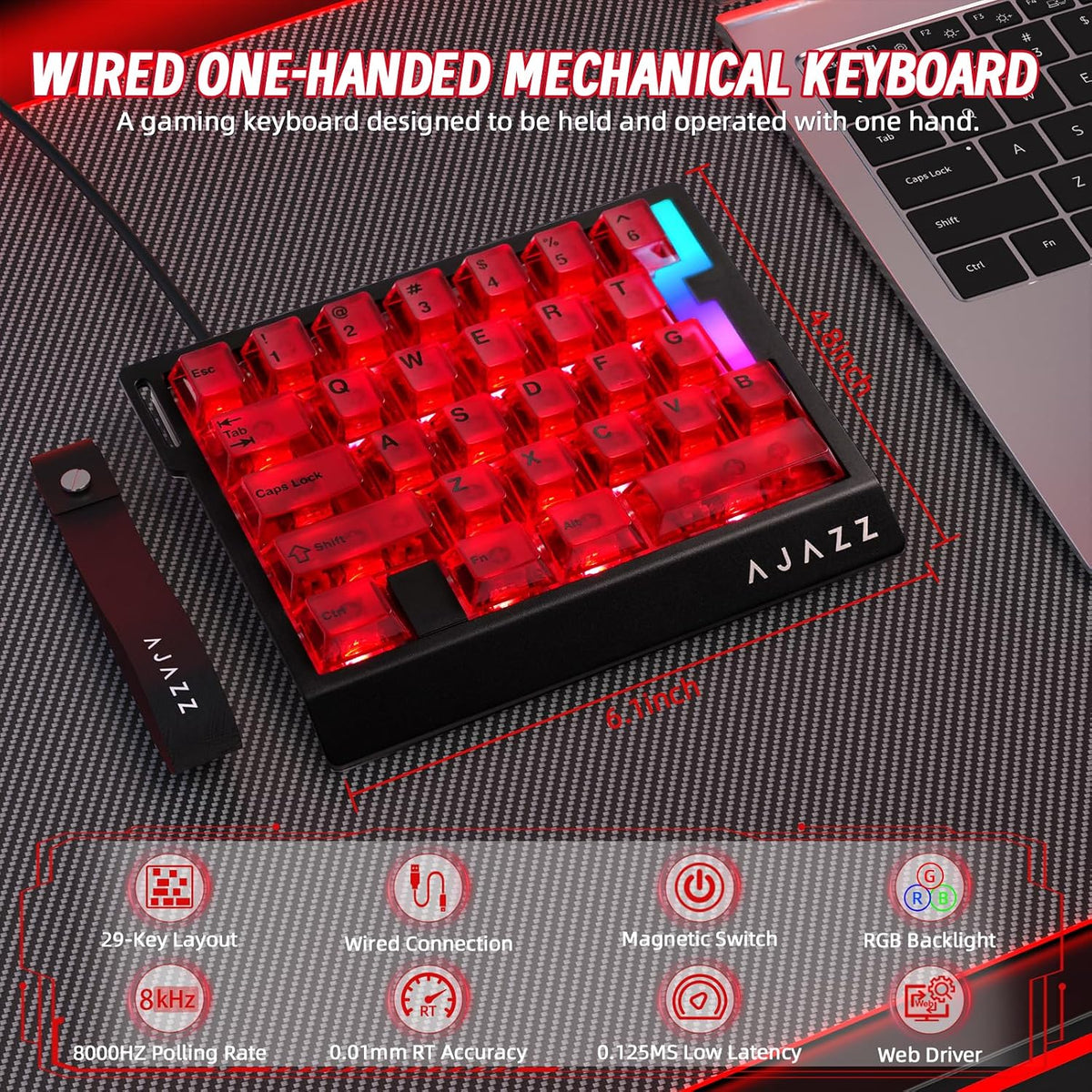 A.JAZZ AK029 Tastiera Da Gioco Cablata 29 Tasti per Una Mano, Polling Rate 8000Hz, Interruttori Magnetici RT 0.01Mm Hotswappable, 5 Strati Riduzione Del Rumore, RGB Colorato, Driver Web-Rosso